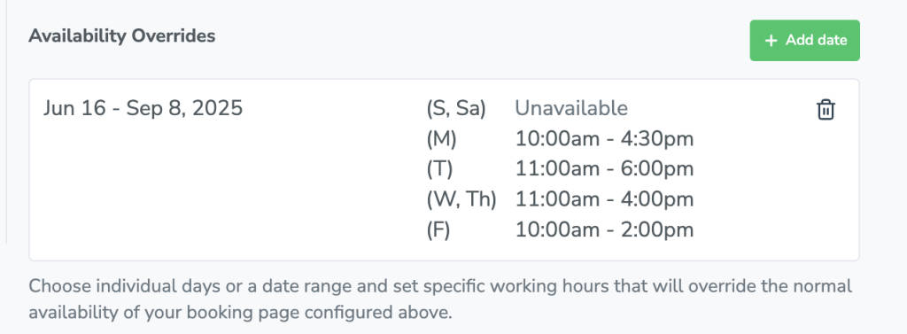Apptoto interface with saved availability overrides shifting schedule for seasonality